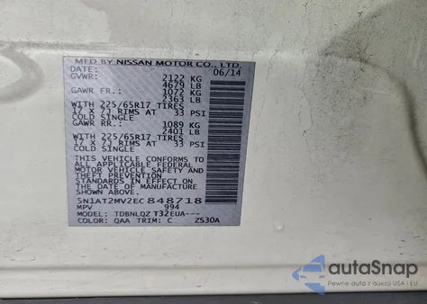 2014 Nissan Rogue S z USA, uszkodzony, nr VIN 5N1AT2MV2EC848718